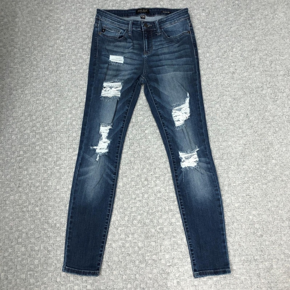 Judy Blue Jeans Womens 7/28 Blue Skinny Fit Distressed Ripped Stretch Denim Norm